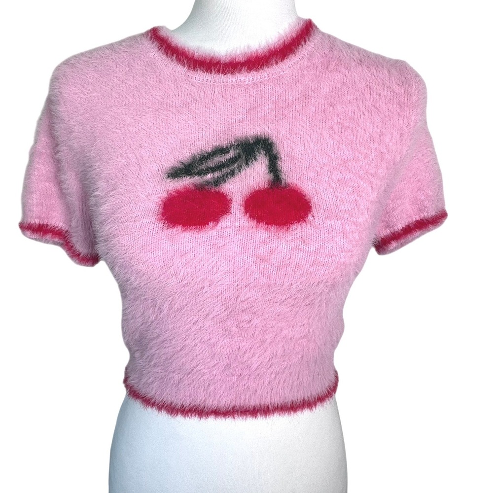 DOLLS KILL PRETTY GARBAGE Women's Small Pink Red Cherry Fuzzy Crop Sweater Top
